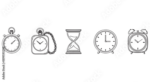 Black and white line art illustrations of various clocks and timepieces, including stopwatch, pocket watch, hourglass, table clock, and alarm clock.