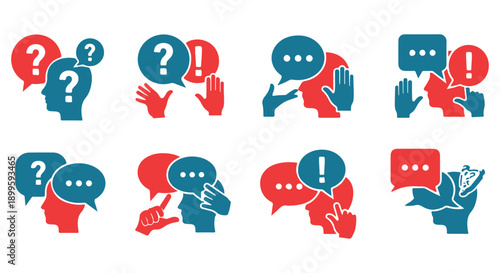 Collection of colorful communication icons depicting questioning and discussion between people with speech bubbles.
