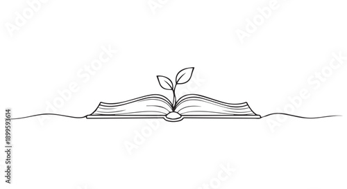 A black line drawing of an open book with a plant sprouting from it, symbolizing growth and knowledge.
