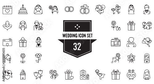 Wedding icon set of 32 black line icons for planning and celebration, including couples, gifts, flowers, and rings on Transparent Background.