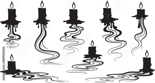 Black Candles with Melting Wax and Flames Illustration Set