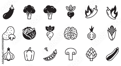 Collection of various vegetable icons including eggplant, broccoli, beetroot, peppers, and mushrooms in black and white.