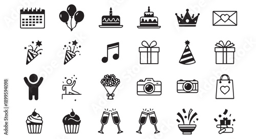 Collection of black line icons for birthday party celebration, including gifts, cake, and festive symbols.