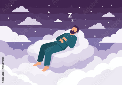 Peaceful man in pajamas sleeping soundly on a fluffy cloud at night
