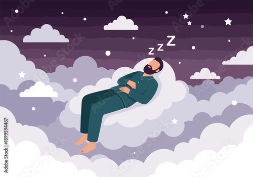 Peaceful bearded man sleeping on a soft cloud in a dreamy night sky