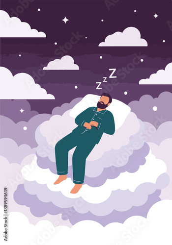 Man in pajamas sleeping peacefully on a cloud under a starry night sky