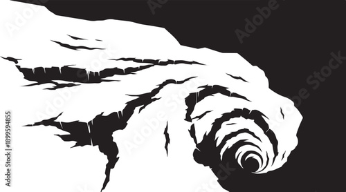 Black and white illustration of a rocky landscape formation