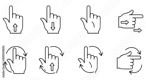Set of hand icons with arrows indicating directions and gestures for user interface navigation and interaction