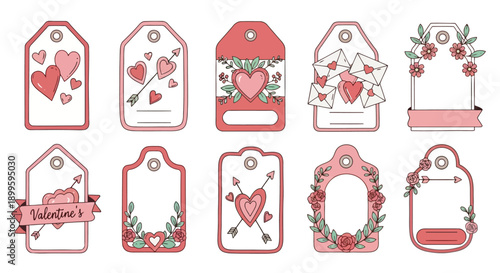Cute hand drawn Valentine s Day tags with hearts and romantic florals EPS10 Stock.eps