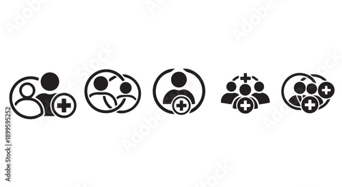 Set of five black and white medical support icons with people and crosses