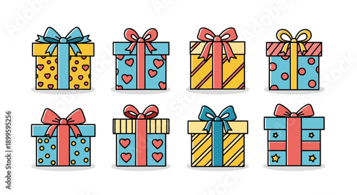 Colorful Vector Gift Boxes with Bows and Diverse Patterns EPS10 Stock.eps