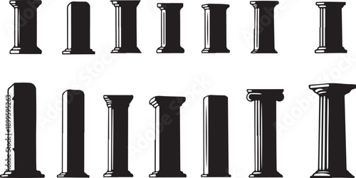 Collection of various black chess pieces on white background