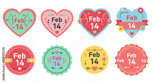 Colorful flat vector Valentine s Day Feb 14th heart and Cupid badges EPS10 Stock.eps