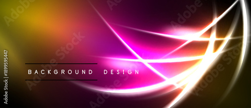 Vibrant abstract background. Bright neon lines intersect over gradient purple, orange hues. Modern design element for digital projects.