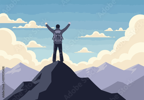 Hiker with backpack celebrating triumph on mountain peak against blue sky