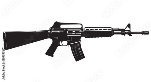 Detailed black and white illustration of an assault rifle on a Transparent Background, showcasing its intricate design and military features.