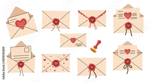 Cute Love Envelopes Heart Wax Seals and Stamp Vector Set EPS10 Stock.eps