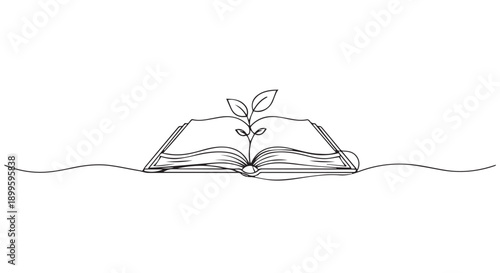 Minimalist illustration of an open book with a growing plant emerging from its pages, symbolizing knowledge and growth.