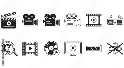 Collection of black and white film and video production icons on Transparent Background, representing cinematography and media.