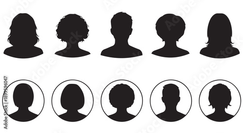 Collection of black silhouettes of people heads and shoulders, some in circles, on a Transparent Background, representing diversity and anonymity.