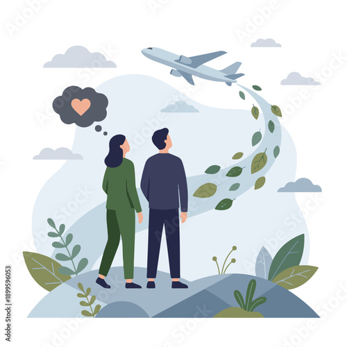 Couple dreaming of sustainable travel with plane leaving green leaves trail
