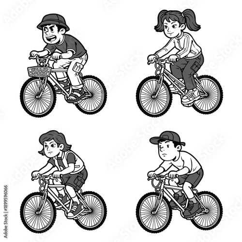 Bicycle character set. Fashion. Vector illustration. Cute cycling vector illustration. Cute smiling girl and boy on bicycles, active sports game, high-quality black and white flat cartoon style