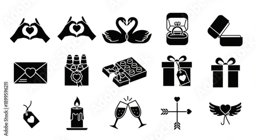 Elegant monochrome vector icons symbolizing love, romance, and celebration. Ideal for Valentine's Day, weddings, engagements, and various romantic design projects