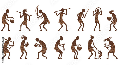 Collection of tribal people engaging in various activities like hunting and playing instruments in traditional attire.