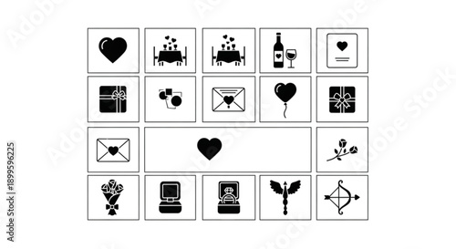 Collection of elegant black silhouette vector icons representing love, romance, celebration, and heartfelt connections, ideal for romantic designs and special occasions