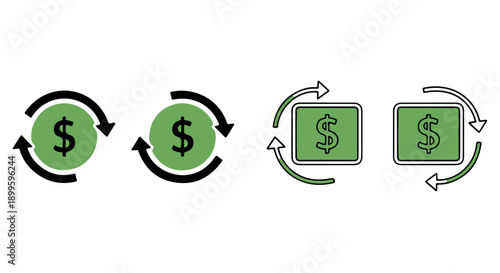 Simple vector illustration of money transfer and cash flow with green dollar signs and circular arrows on Transparent Background.
