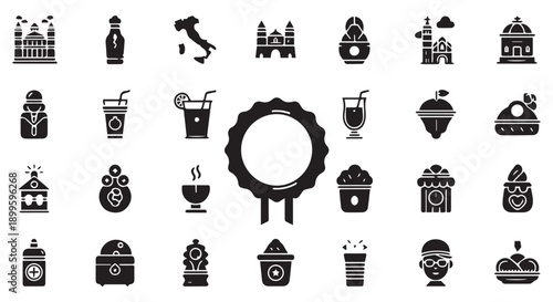 Collection of 25 black icons on Transparent Background including landmarks, food, and drinks, perfect for graphic design projects.