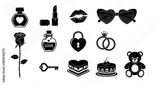 Curated black silhouette vector icons celebrating love, romance, and special occasions. Ideal for Valentine's Day, anniversaries, dating, and romantic design projects