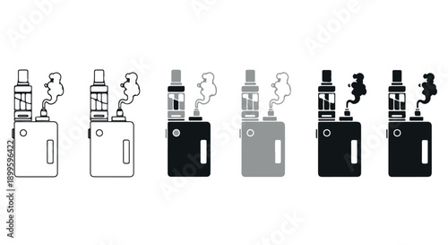 Set of four vape mod icons in different styles and colors, emitting vapor, on a Transparent Background, perfect for designs.