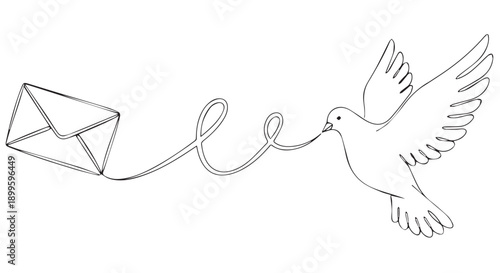 Continuous line art of a dove carrying an envelope, symbolizing peace and message delivery, on a clean Transparent Background.
