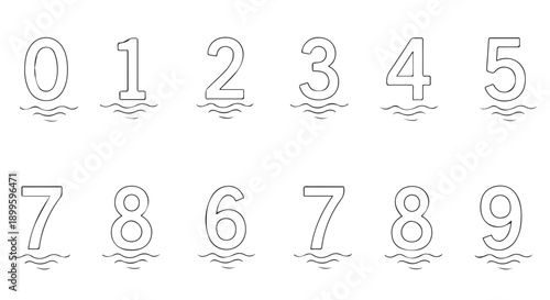 A set of hand drawn numbers from 0 to 9 with wavy lines underneath each digit, resembling water or ocean waves, in a simple black line art style on a Transparent Background.