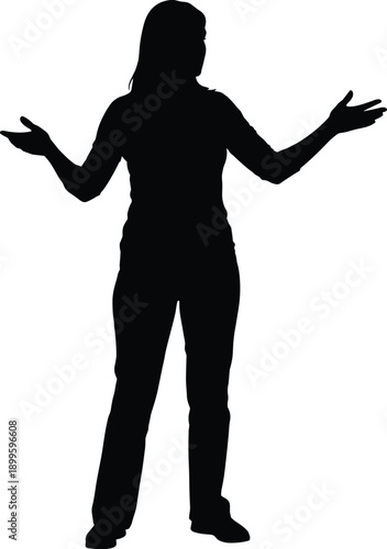 Confident woman presenting with open arms in modern silhouette