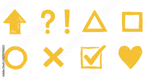 A set of yellow hand drawn icons including arrow, question mark, exclamation mark, triangle, square, circle, X, checkmark, and heart on Transparent Background for design and communication.