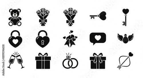 Collection of Romantic Symbols and Icons for Valentine's Day and Celebrations