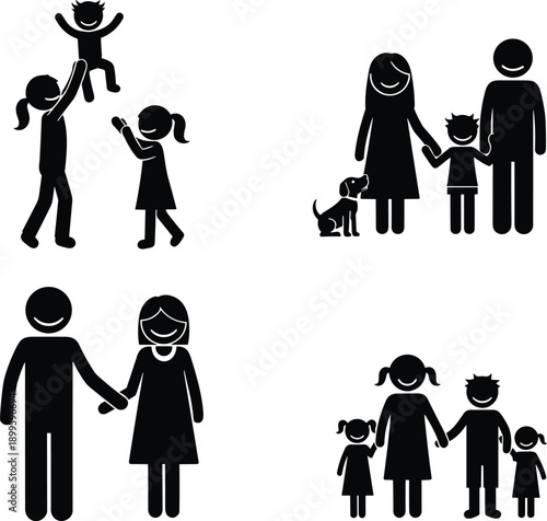 Family silhouette illustration showing parenting, children, pets, and couple bonding — concept of love, care, and togetherness in life