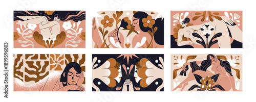 Women and flowers in matisse art style set. Collage of bloom plants and naked female figures with pastel colors. Girls' silhouettes, leaves and nature with abstract shapes. Flat vector illustrations