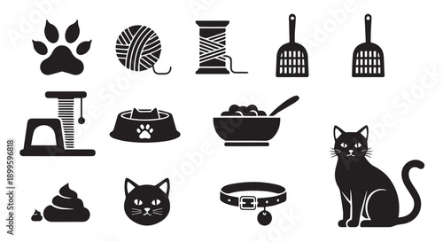 Collection of black cat care icons including grooming tools, food, and accessories on a Transparent Background.