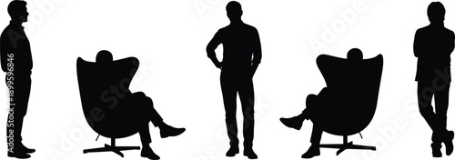 Silhouette group of five people in formal seated and standing poses, symmetrical composition, business meeting or leadership concept vector