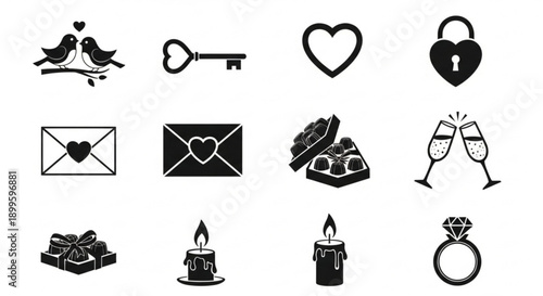 Collection of Valentine's Day Icons Representing Love, Romance, and Celebration