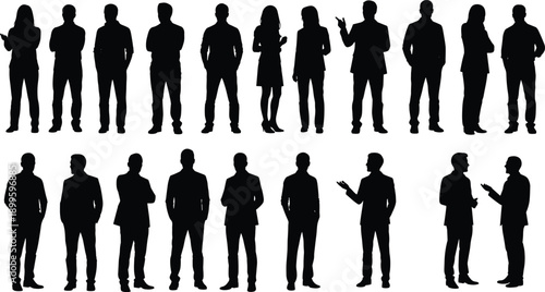 Silhouettes of eighteen business people standing in various professional poses, body language gestures, corporate attire, vector illustration for workplace themes