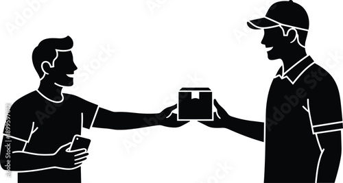 Two men exchanging package and smartphone in modern delivery scene