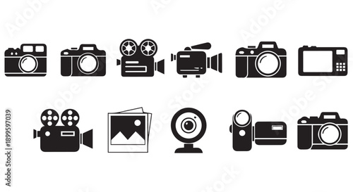 Collection of black camera icons on Transparent Background, representing various photography and videography equipment.