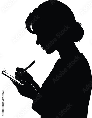 Woman writing in notebook with stylus pen silhouette