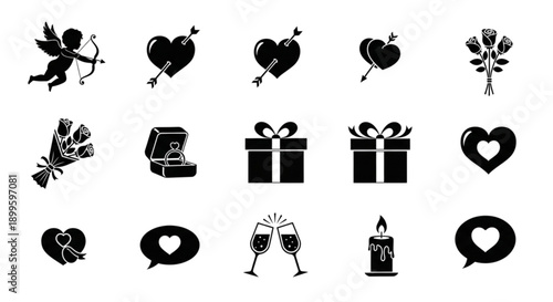 Charming Collection of Love and Romance Icons Perfect Symbols for Valentine's Day, Engagements, and Celebrations