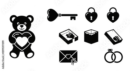 A heartwarming collection of iconic black and white symbols for love, romance, and special occasions, perfect for celebrating relationships and heartfelt gestures