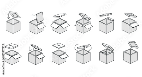 Detailed illustration of various box opening techniques, showcasing different lid designs and opening motions in a clean, black and white visual style.